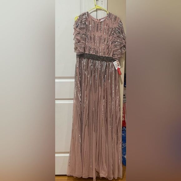 Mac Duggal Blush Sequin Embellished Full Length Layered Sleeve Gown Dress - Picture 7 of 13